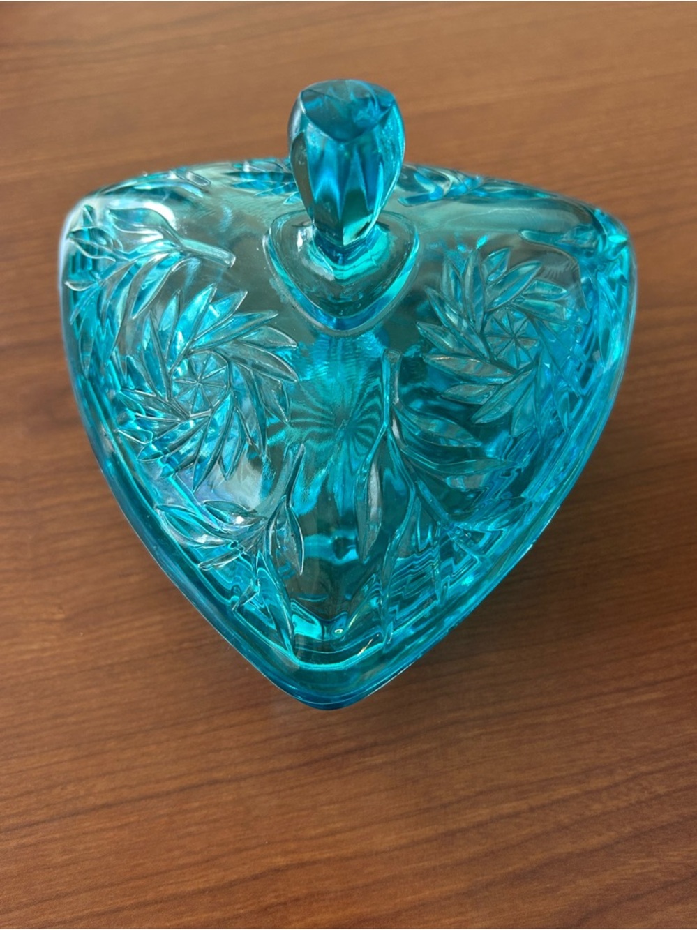 Hazel-Atlas “Capri” Aqua Blue Glass Triangle Covered Candy Dish. MCM 1950